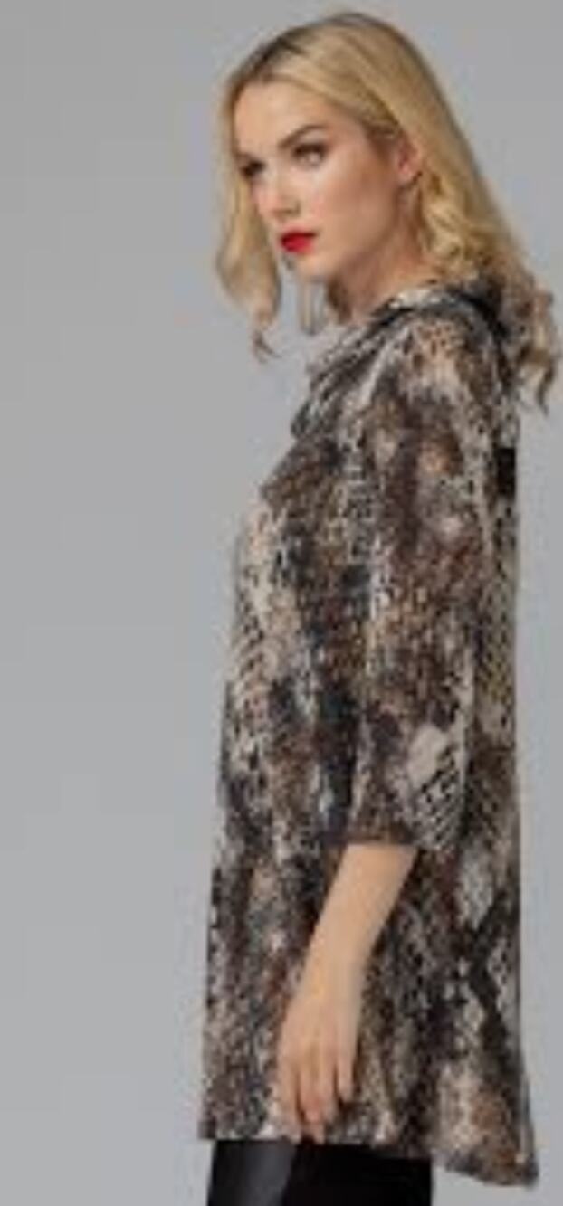 Joseph Ribkoff Snake Print Metallic Tunic Sweater Size 12 Button Back Cowl Neck